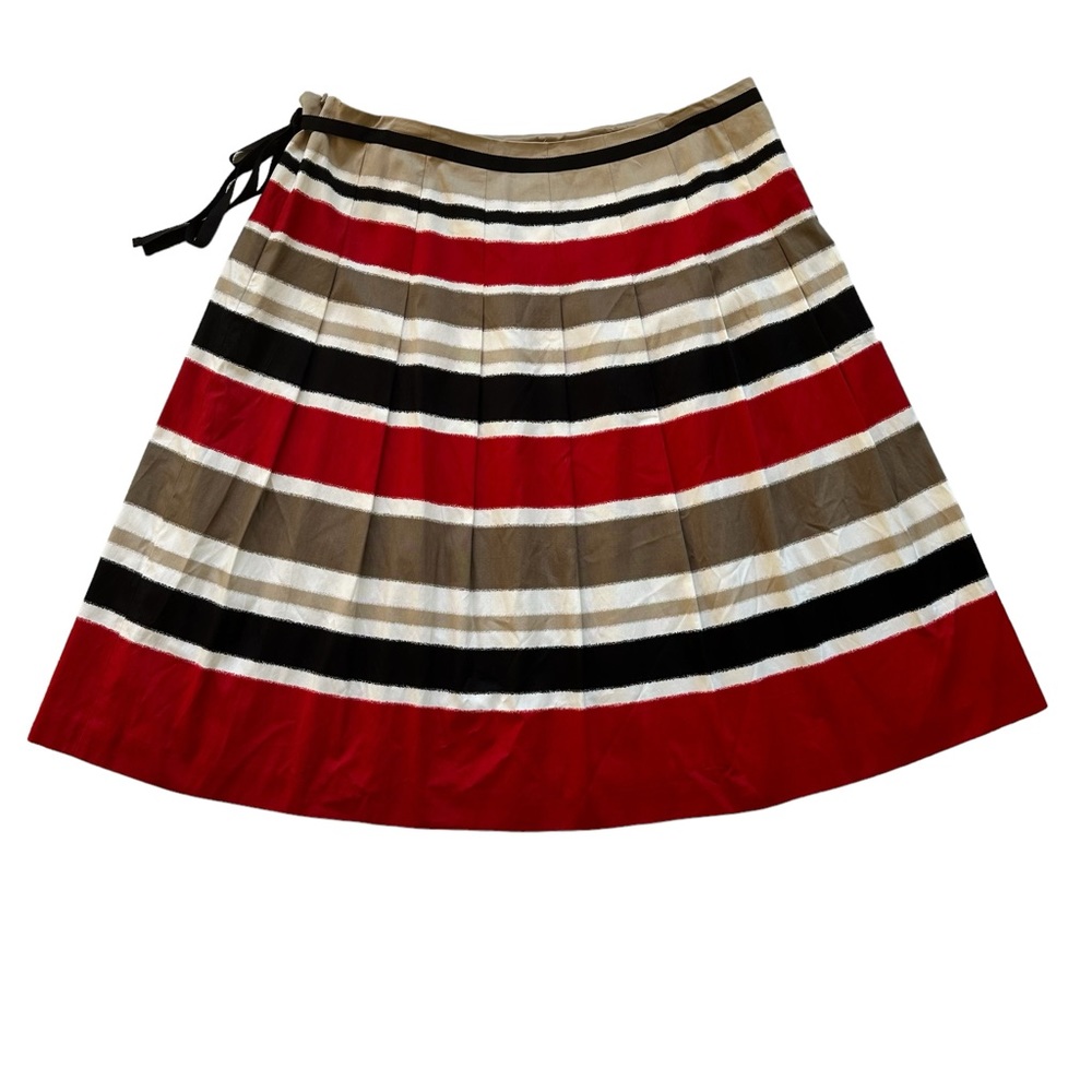 Talbots A-line Women’s Pleated Mid Length Red Black Tan Striped Skirt Size 18